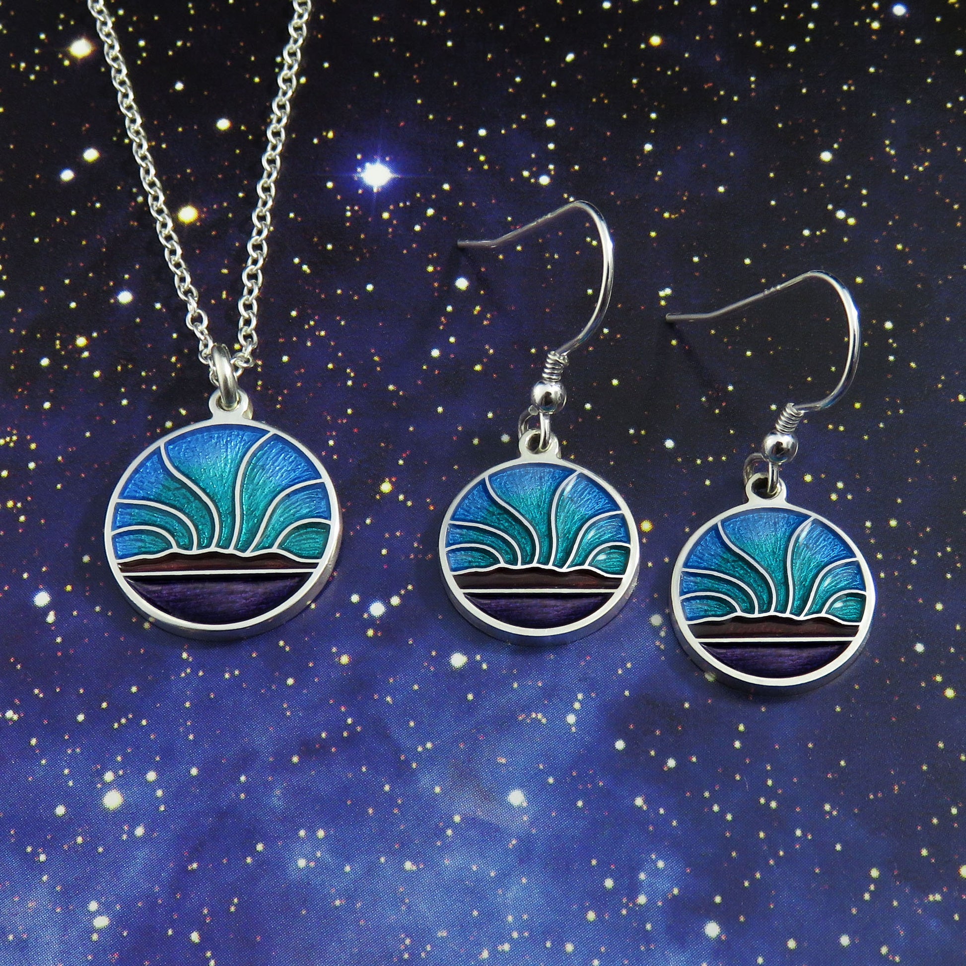 Northern Lights small enamel silver pendant necklace and dangle earrings set