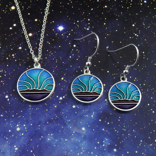 Northern Lights small enamel silver pendant necklace and dangle earrings set