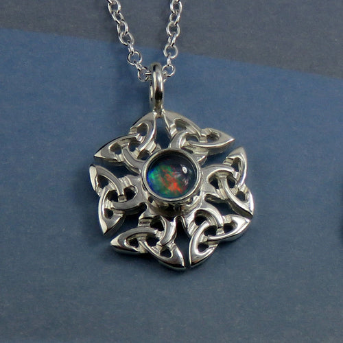 Opal birthstone Celtic knotwork silver pendant necklace