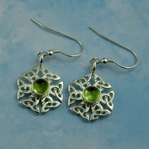 Peridot birthstone Celtic knotwork silver dangle earrings