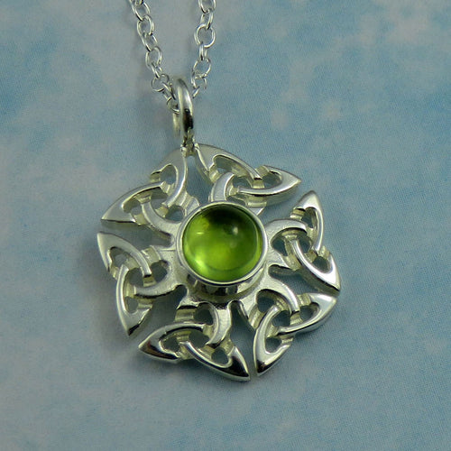 Peridot birthstone Celtic knotwork silver pendant necklace