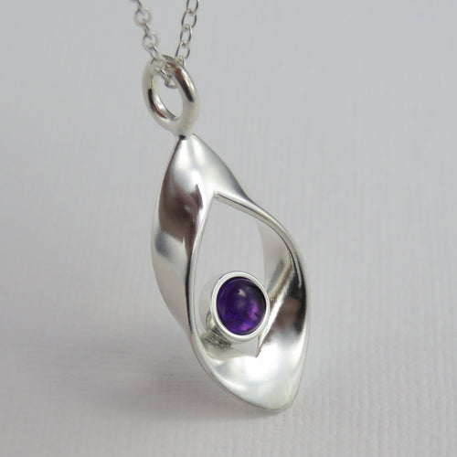Ribbon birthstone silver pendant necklace for February (Amethyst)