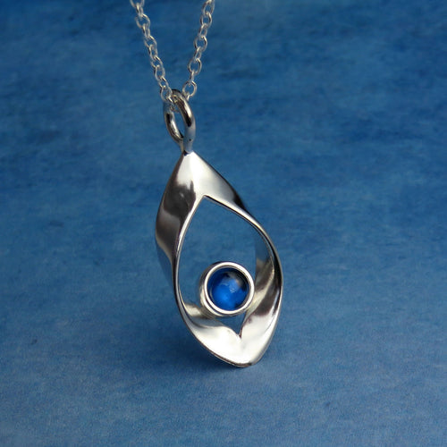 RIbbon birthstone silver pendant necklace for September (Blue Spinel)