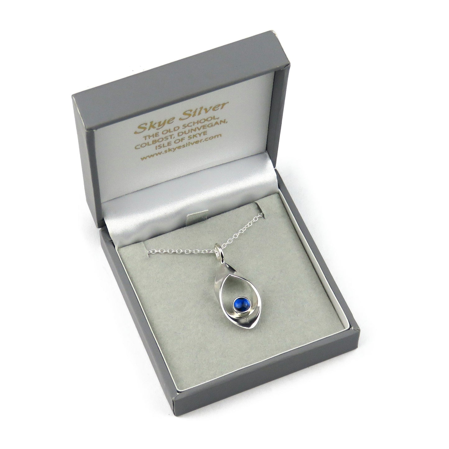 RIbbon birthstone silver pendant necklace for September with synthetic Sapphire (blue Spinel) stone