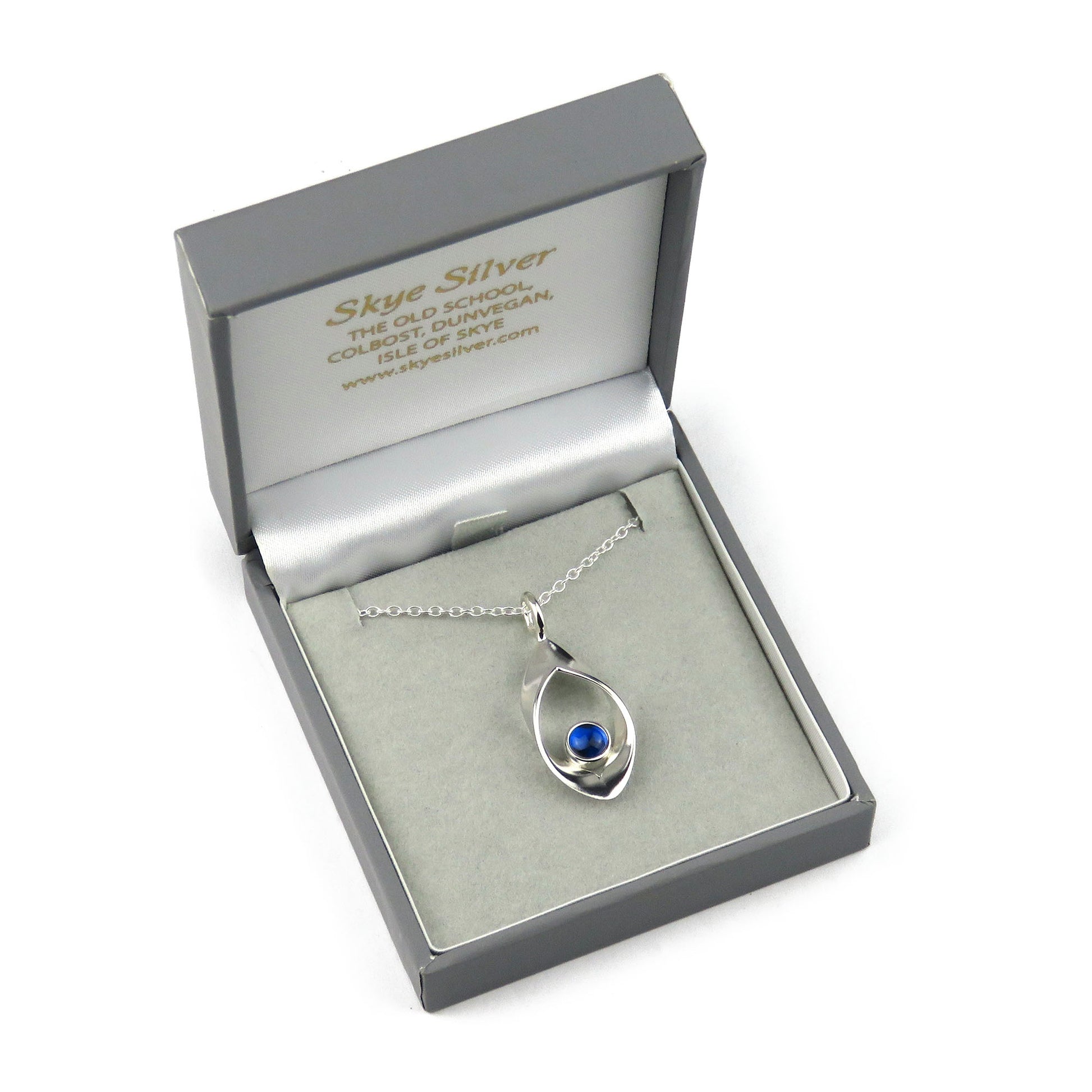 RIbbon birthstone silver pendant necklace for September with synthetic Sapphire (blue Spinel) stone