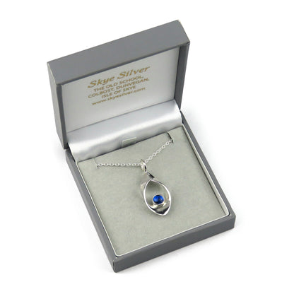 RIbbon birthstone silver pendant necklace for September with synthetic Sapphire (blue Spinel) stone
