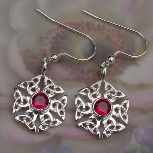 Ruby Birthstone celtic knotwork silver dangle earrings