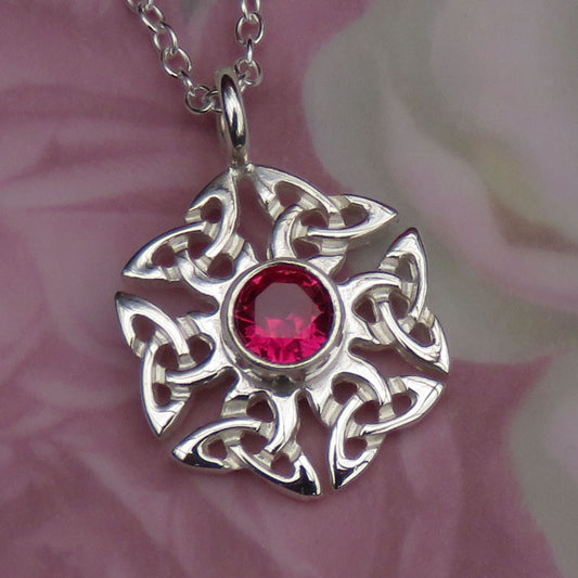 Ruby birthstone Celtic knotwork silver pendant necklace