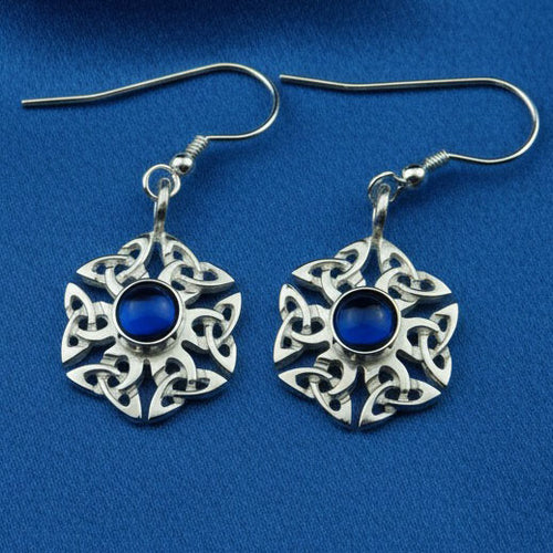Sapphire (synthetic) birthstone Celtic knotwork silver dangle earrings