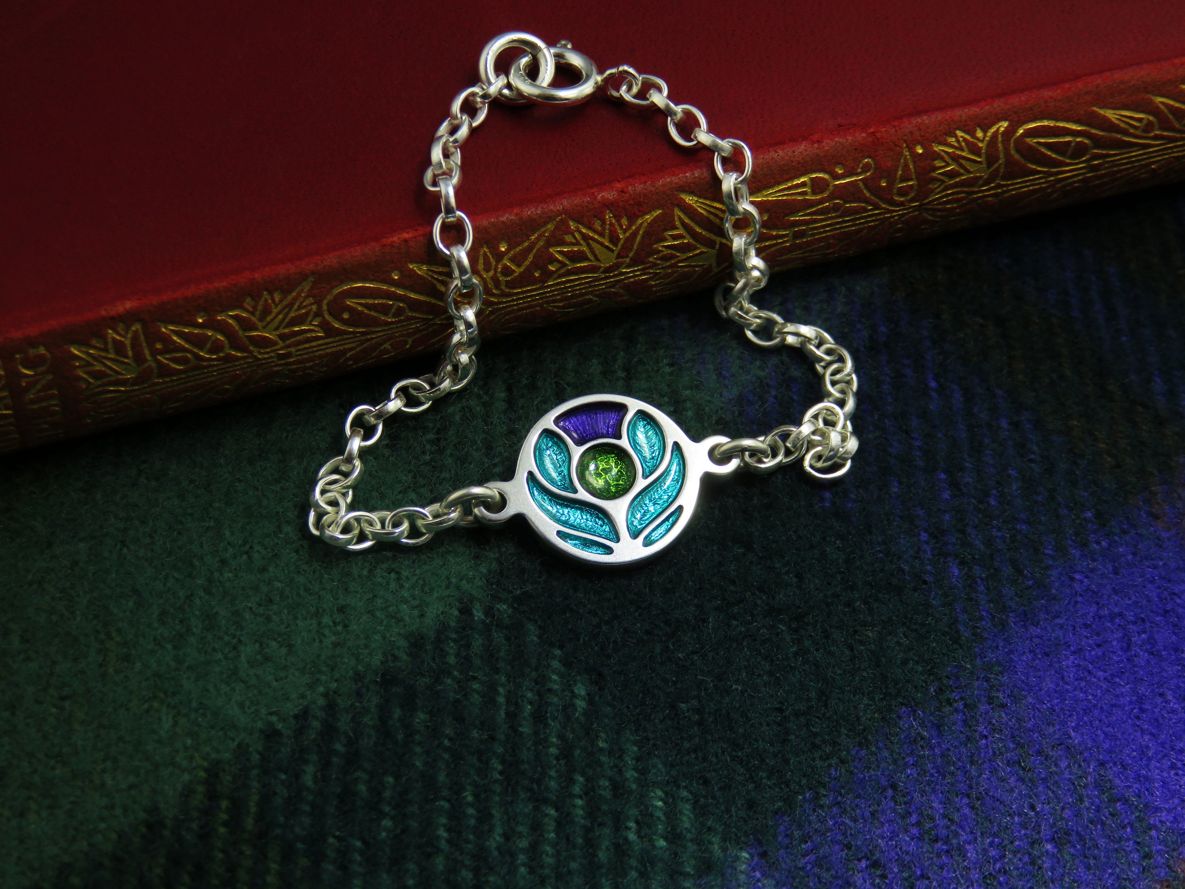Scotland's Thistle enamel silver bracelet