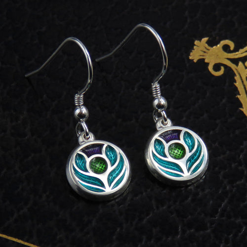 Scotland's Thistle enamel silver dangle earrings