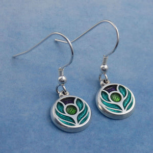 Scotland's Thistle enamel silver dangle earrings