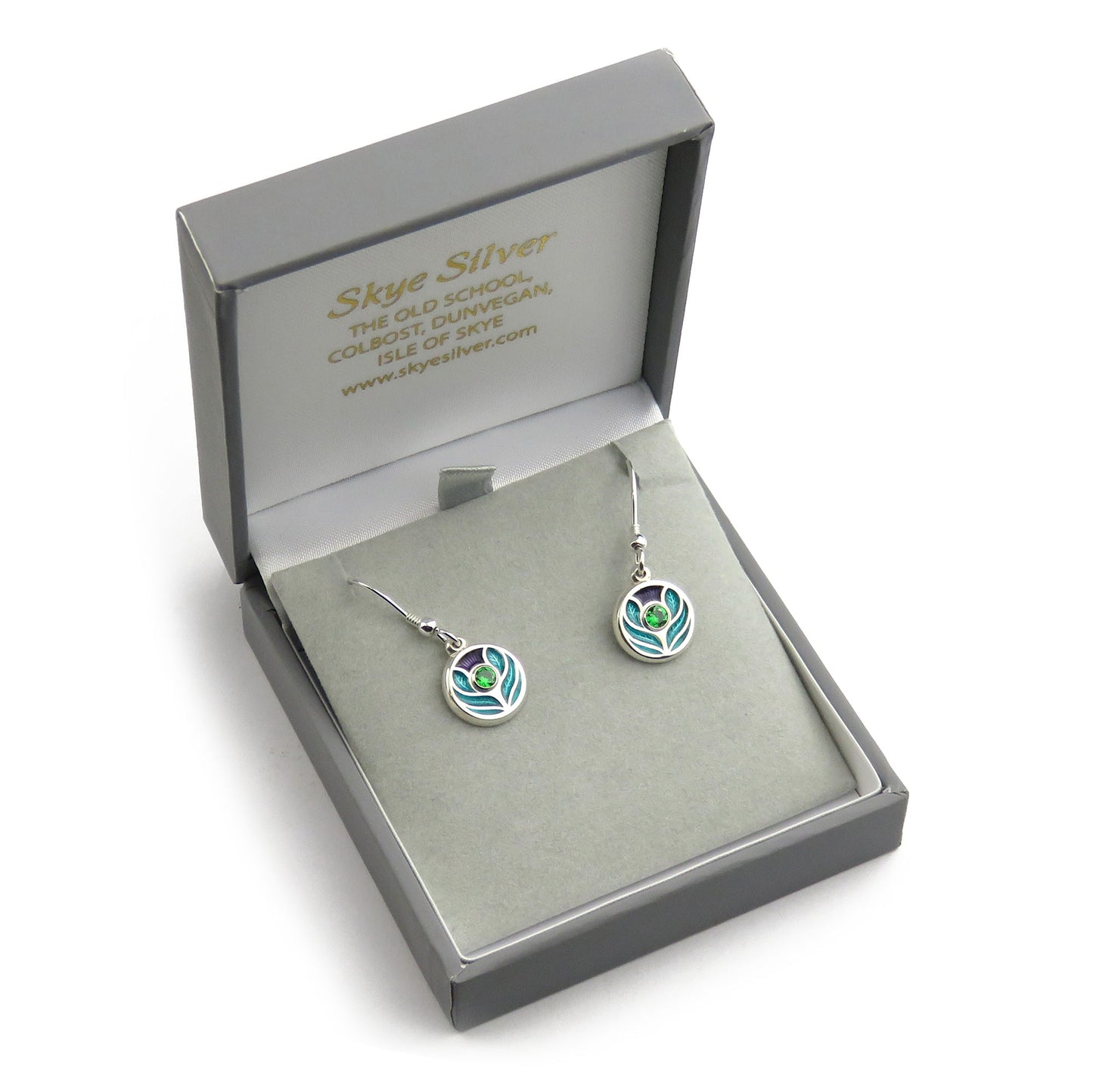 Scotland's Thistle enamel silver dangle earrings with sparkly green Cubic Zirconia stone