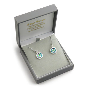 Scotland's Thistle enamel silver dangle earrings with sparkly green Cubic Zirconia stone
