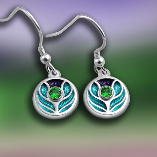 Scotland's Thistle enamel silver dangle earrings with sparkly green Cubic Zirconia stone