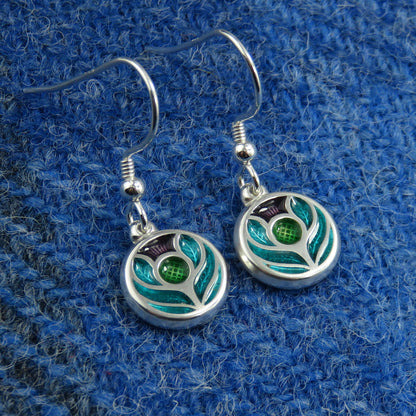 Scotland's Thistle enamel silver dangle earrings