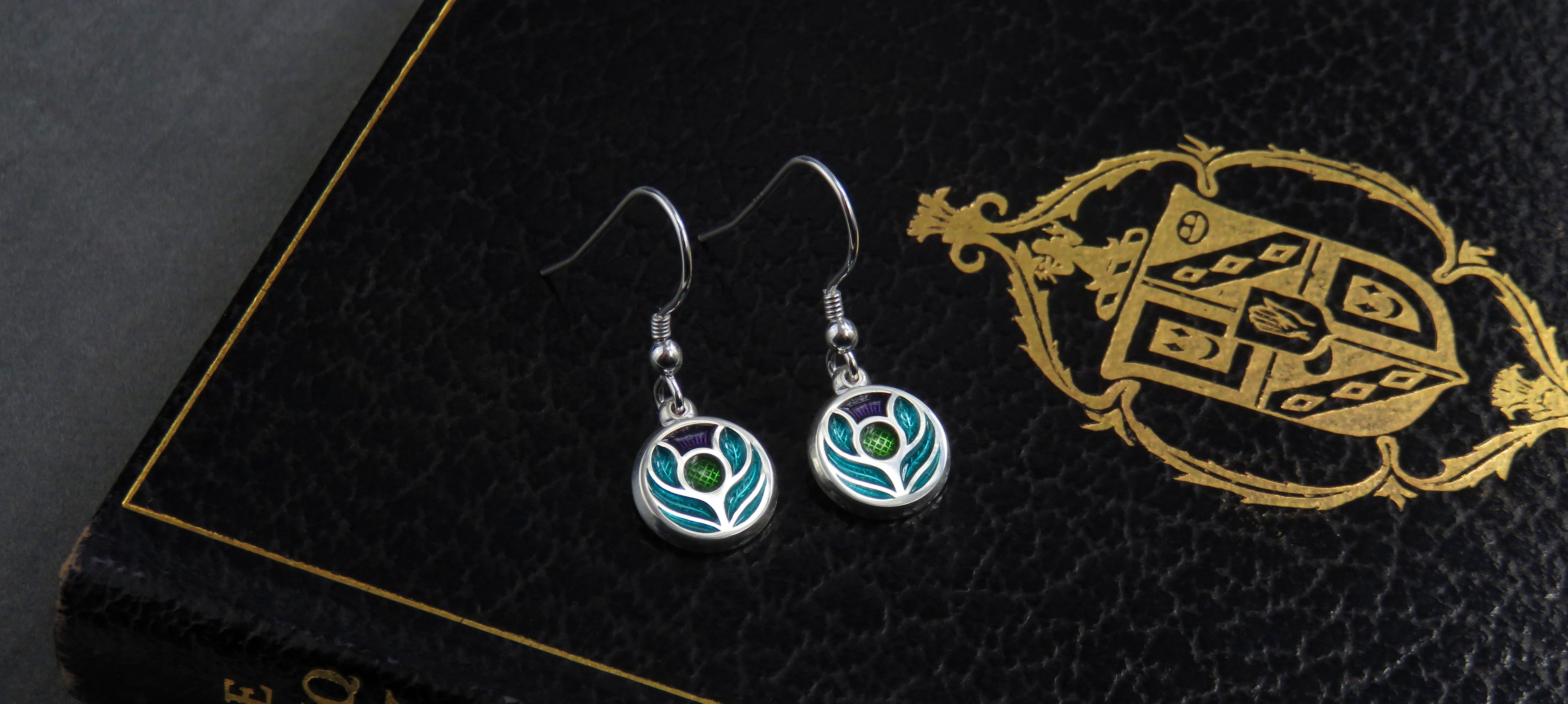 Scotland's Thistle enamel silver dangle earrings