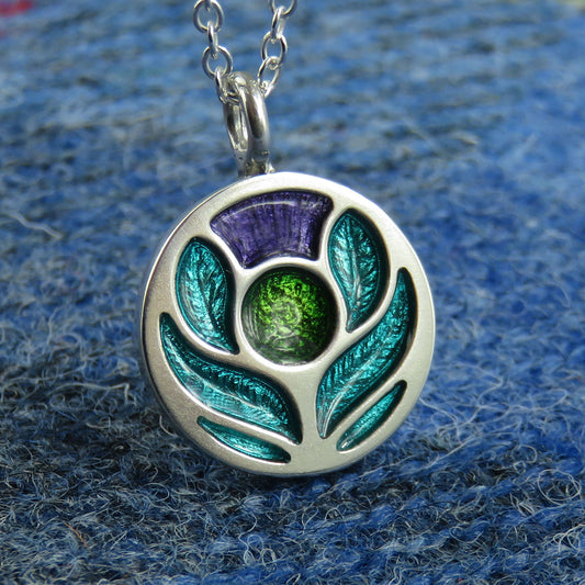 Scotland's Thistle enamel silver pendant necklace