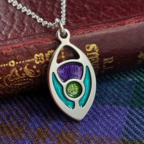 Scotland's Thistle enamel silver pendant necklace - oval version