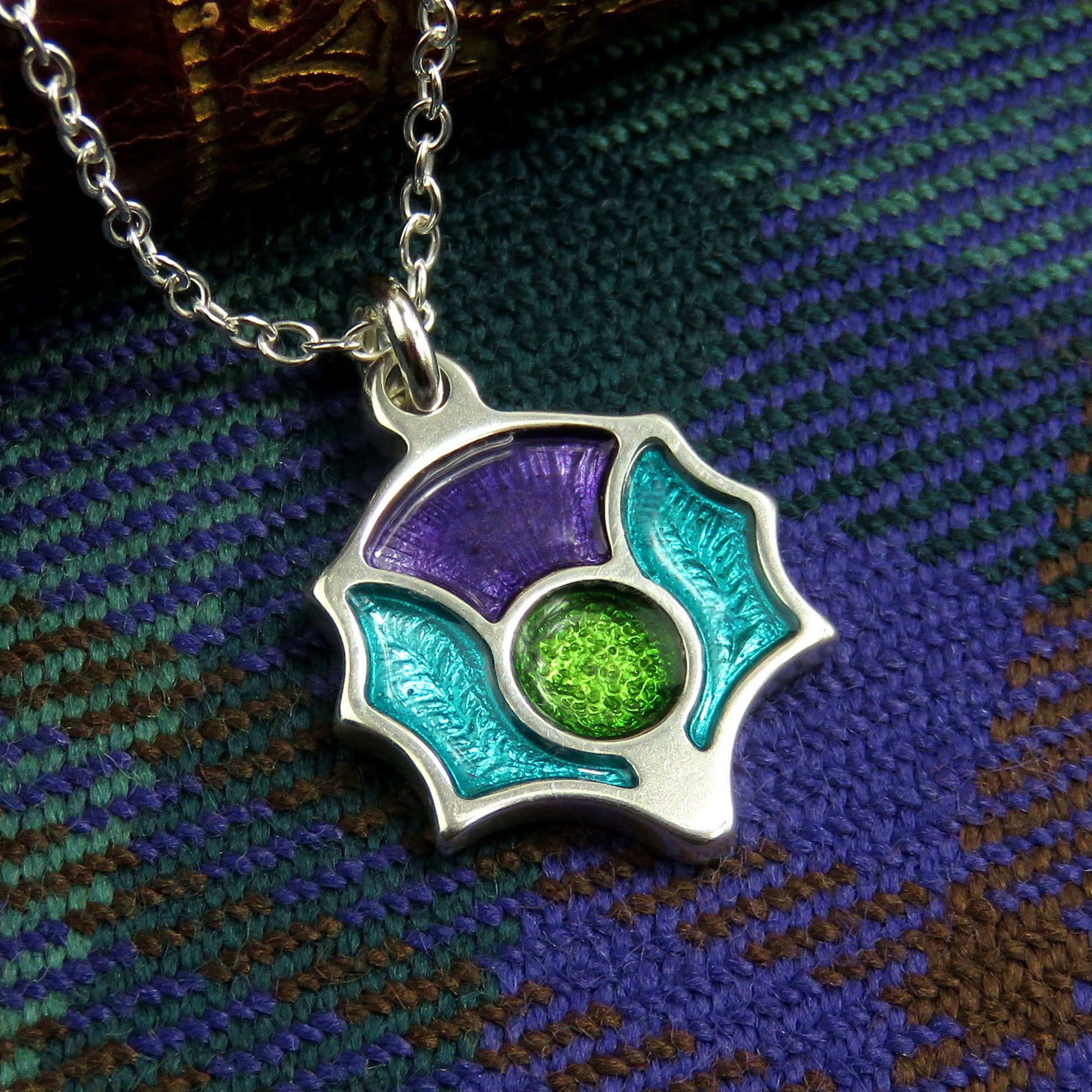 Scotland's Thistle enamel silver pendant necklace