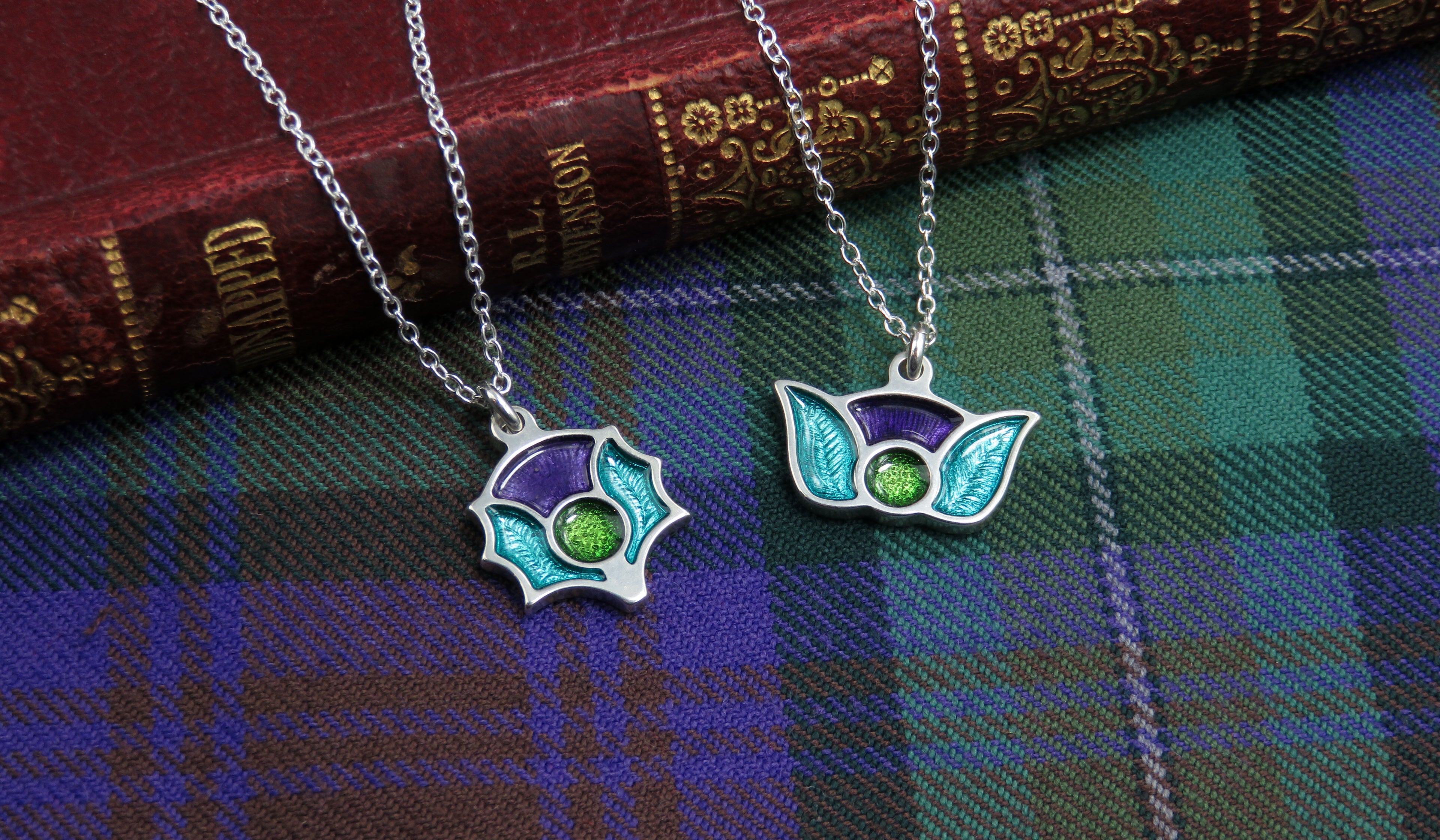 Scotland's Thistle enamel silver pendant necklace