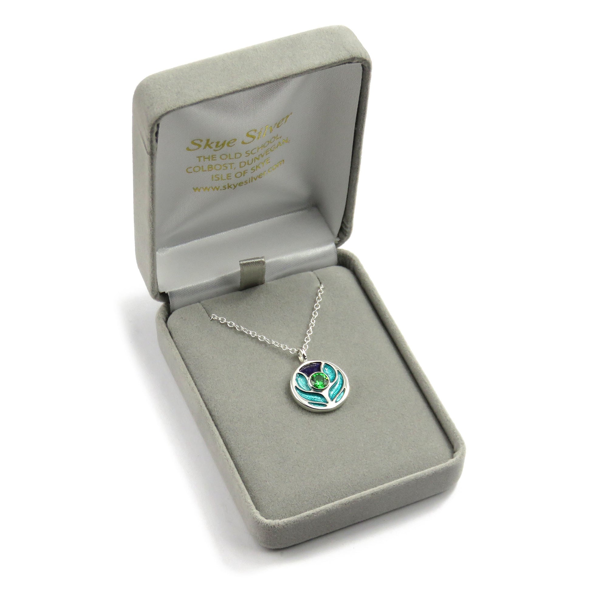 Scotland's Thistle enamel silver pendant necklace with sparkly green Cubic Zirconia stone