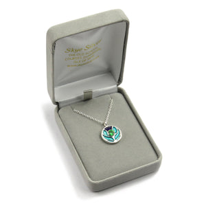 Scotland's Thistle enamel silver pendant necklace with sparkly green Cubic Zirconia stone