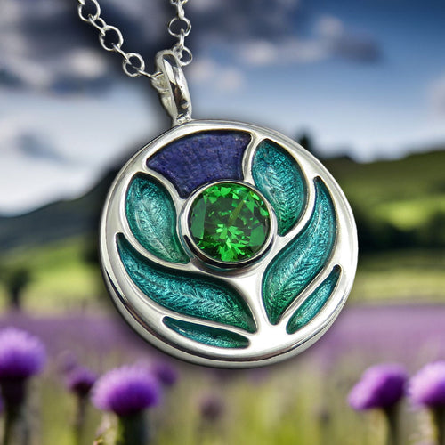 Scotland's Thistle enamel silver pendant necklace with sparkly green Cubic Zirconia stone