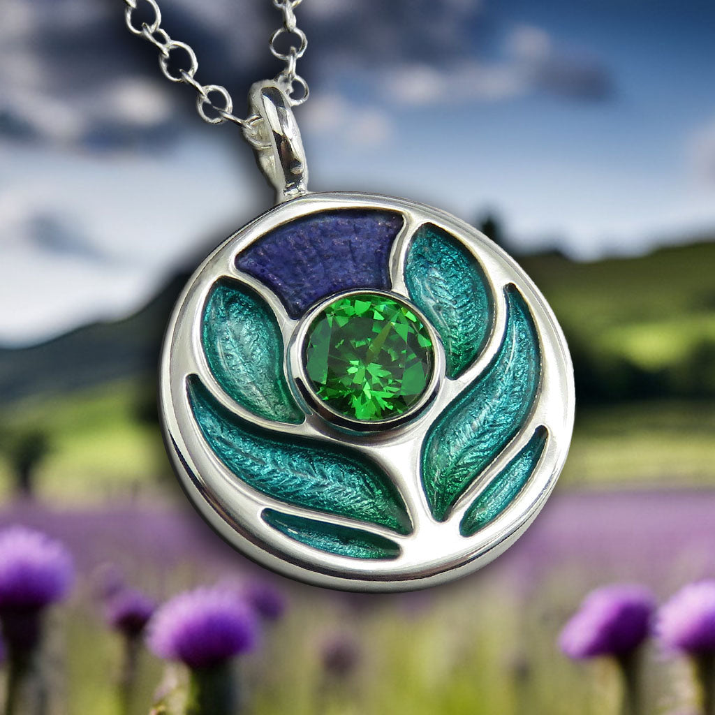Scotland's Thistle enamel silver pendant necklace with sparkly green Cubic Zirconia stone