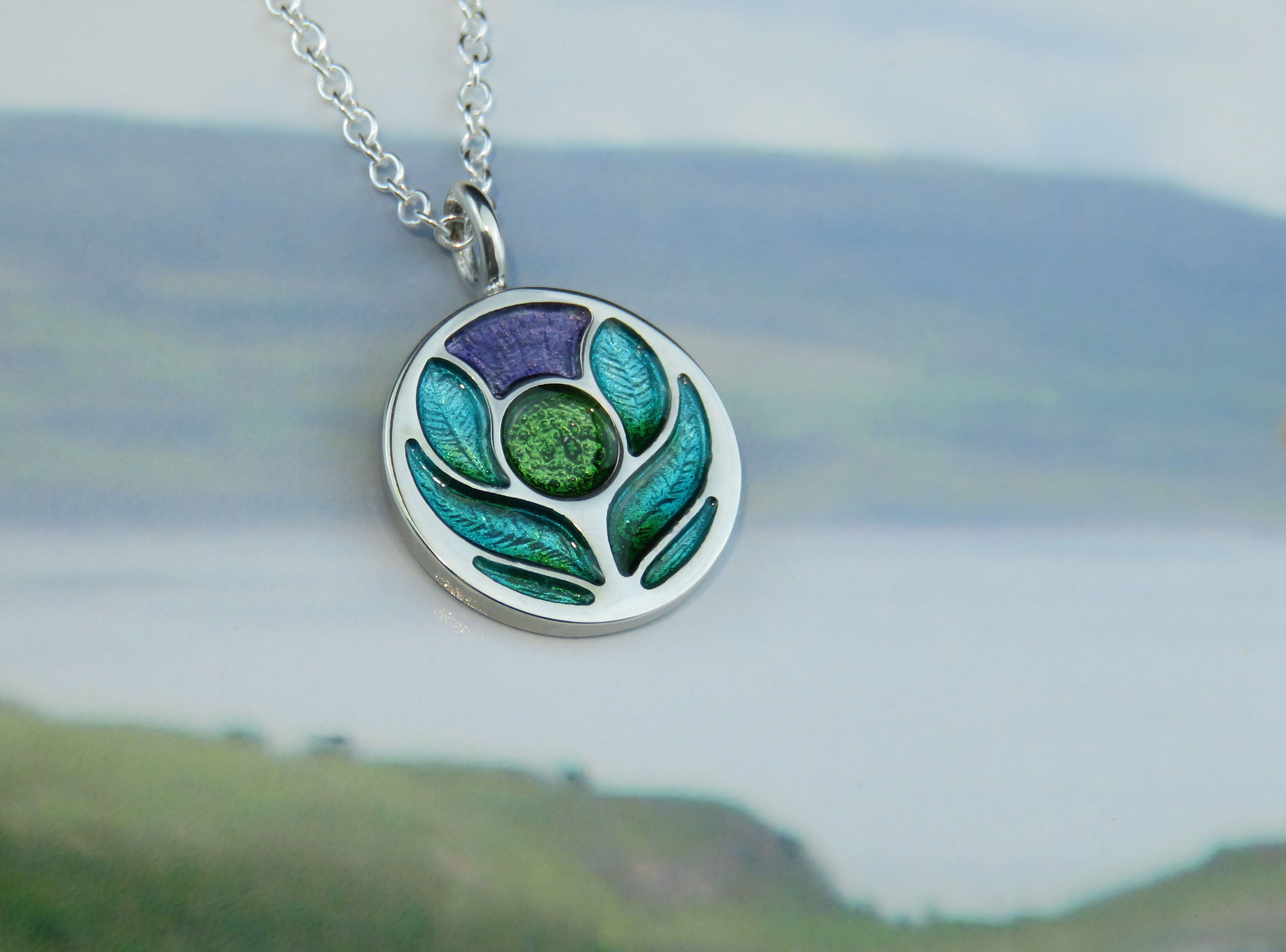 Scotland's Thistle enamel silver pendant necklace