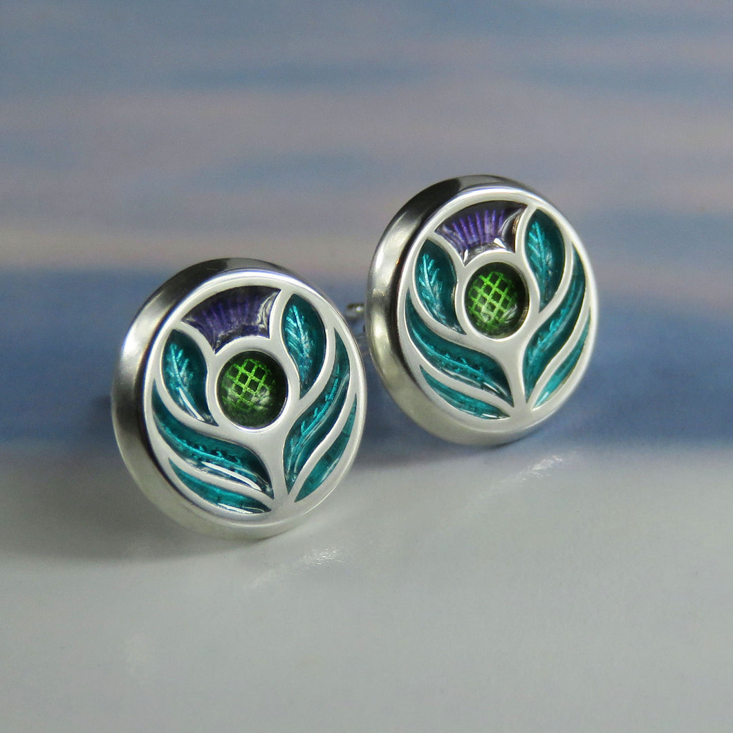 Scotland's Thistle enamel silver stud earrings