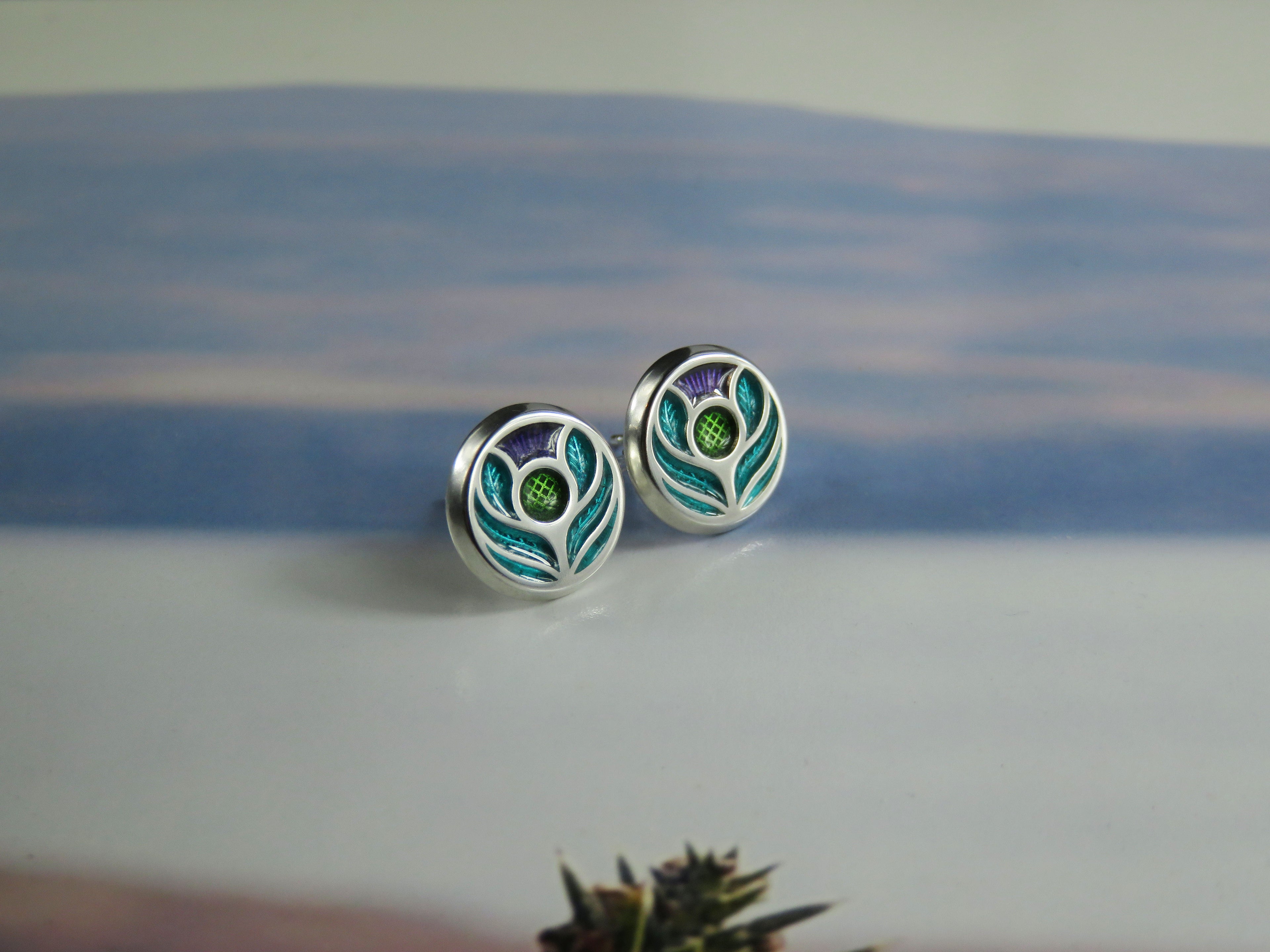 Scotland's Thistle enamel silver stud earrings