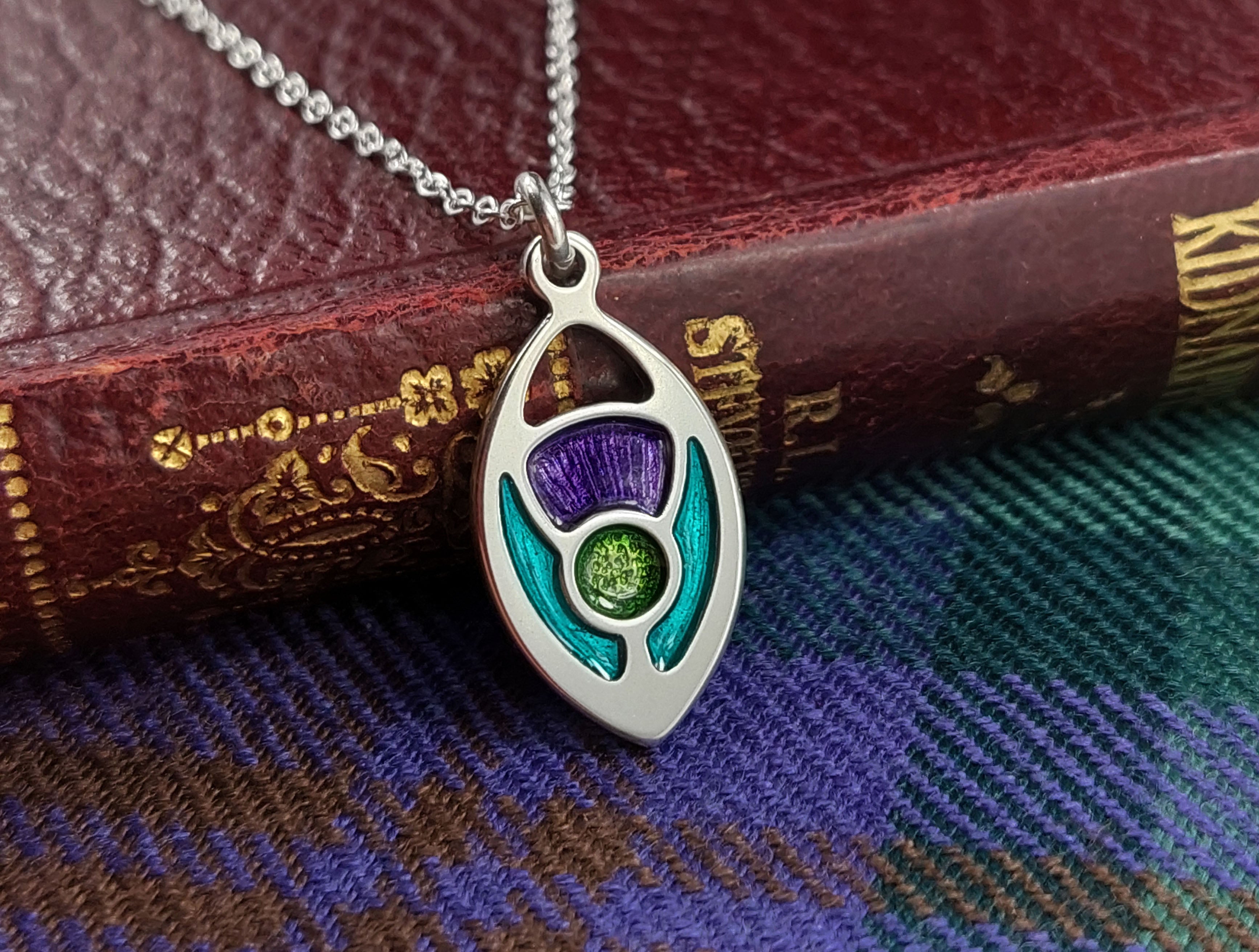 Scotland's Thistle oval enamel pendant necklace