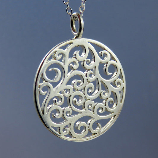 Scrollwork silver pendant necklace