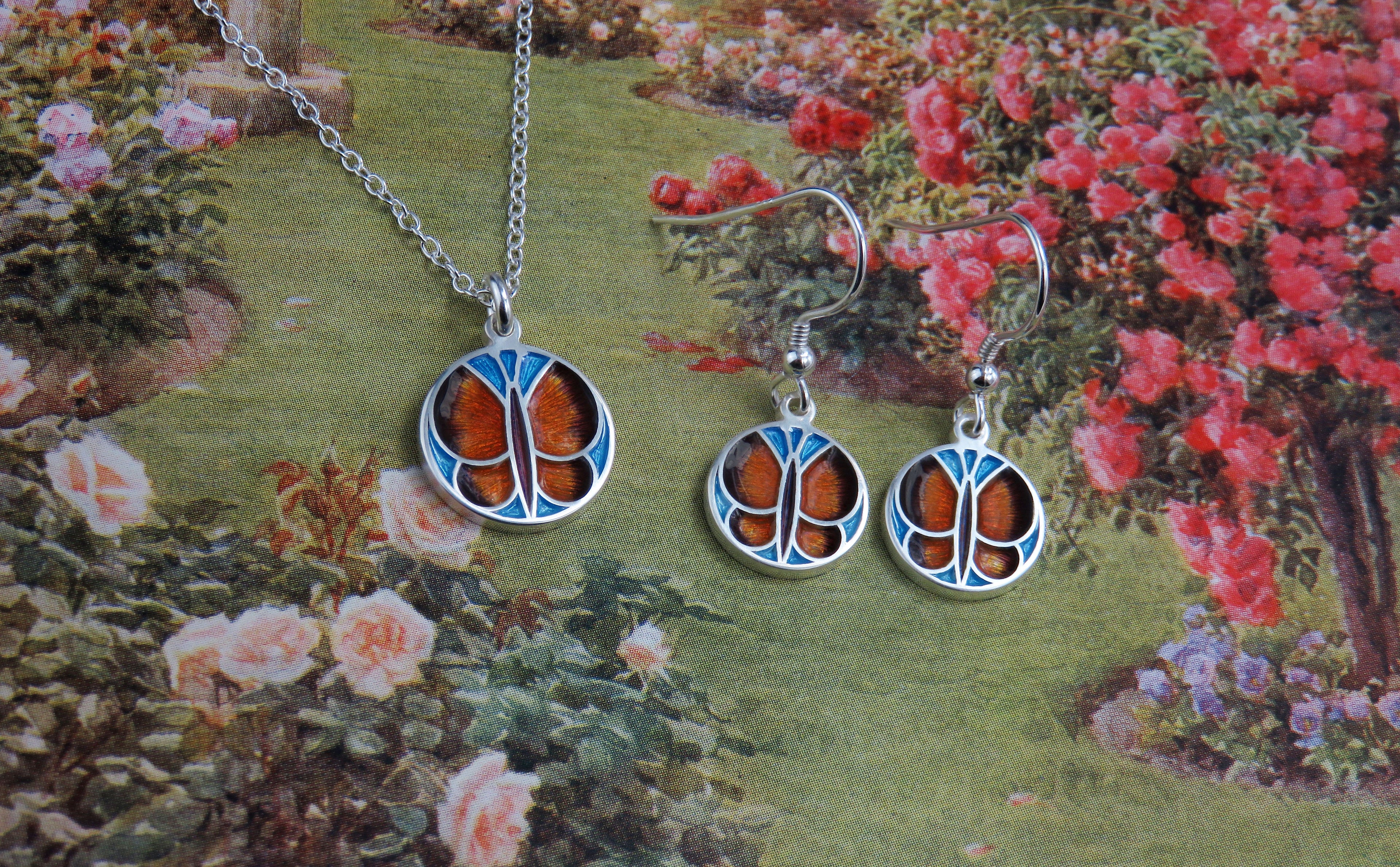 Skye Butterfly enamel silver pendant necklace and dangle earrings