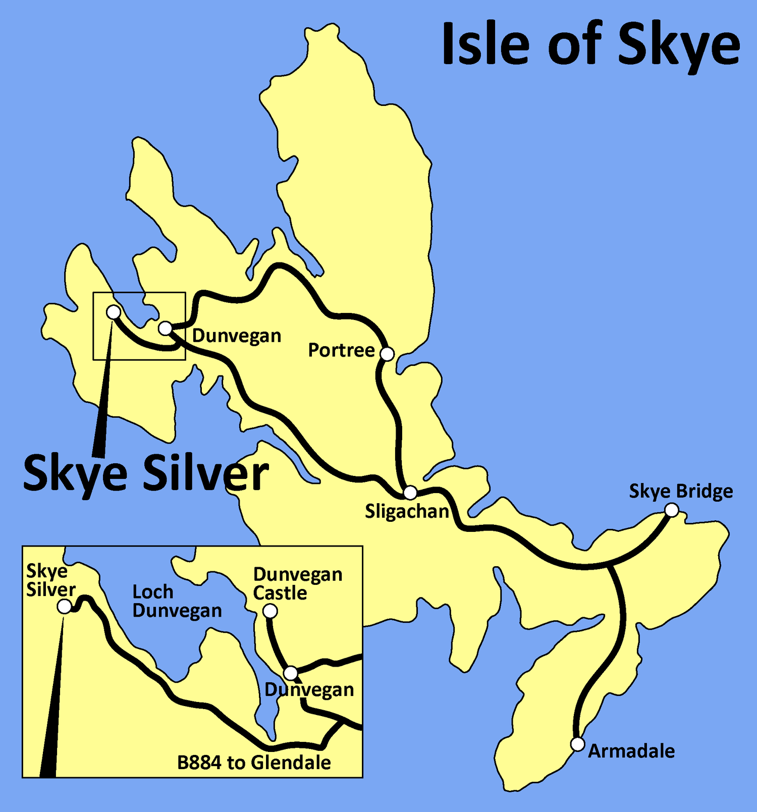 Map of the Isle of Skye with highlighted routes and locations.