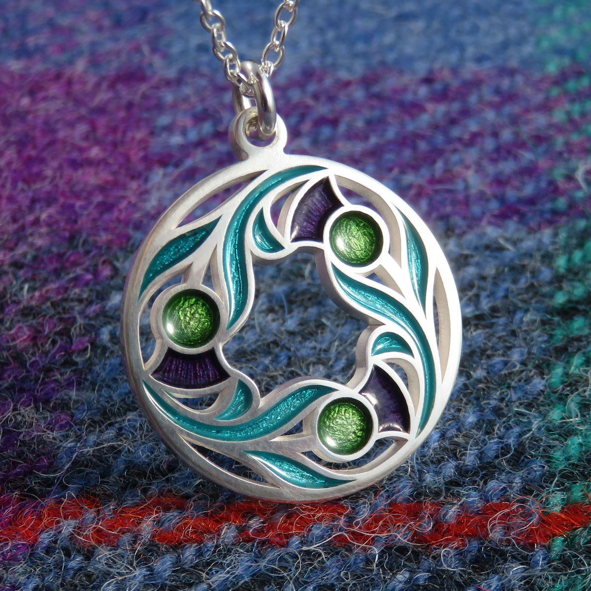 Thistles in the Wind enamel silver pendant necklace
