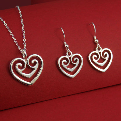 Two Hearts as One silver pendant necklace & dangle earrings set