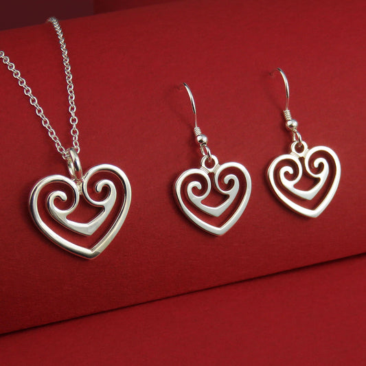 Two Hearts as One silver pendant necklace & dangle earrings set