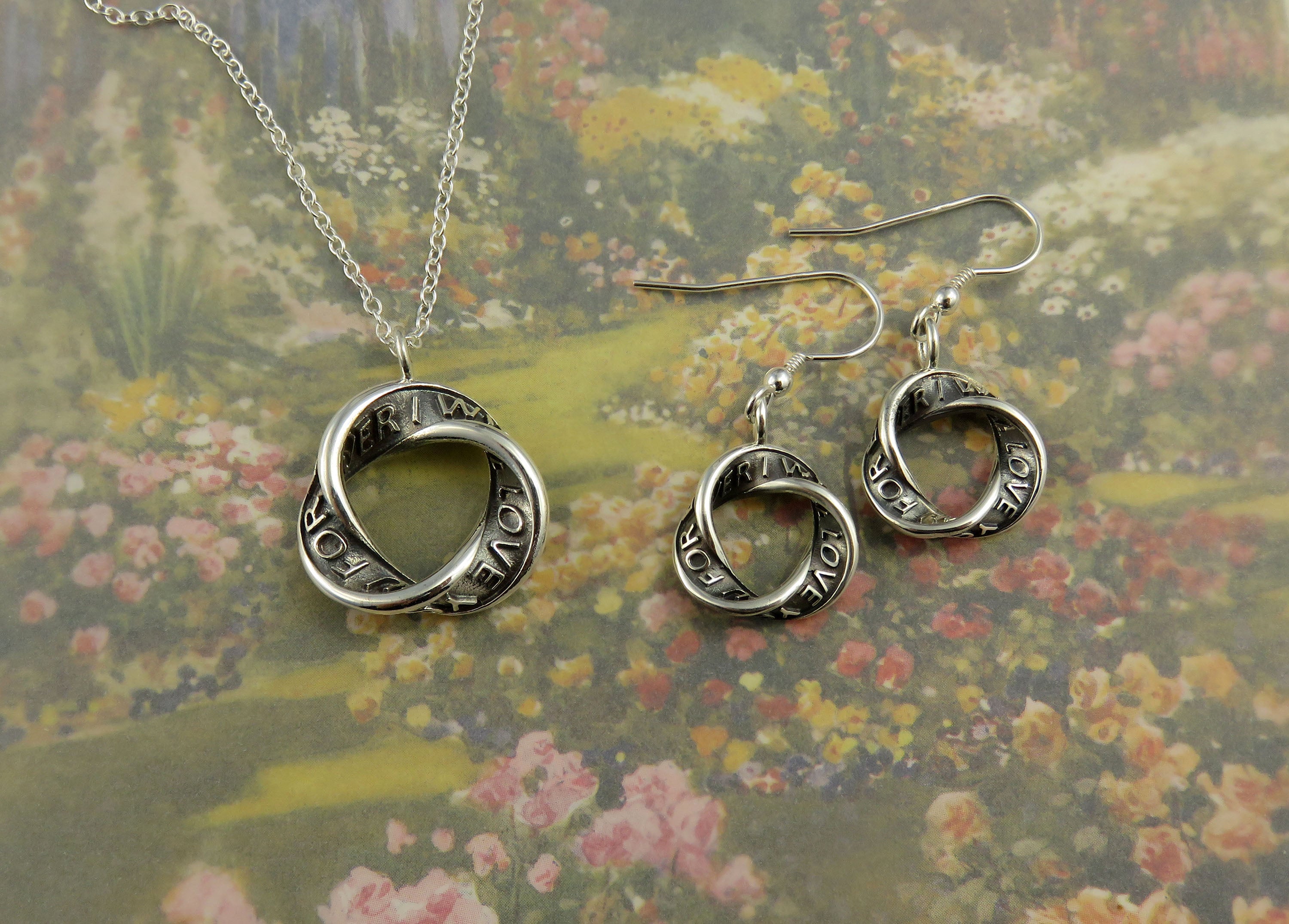 I Will Love You For Ever silver pendant necklace and dangle earrings