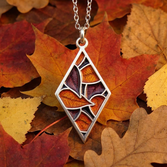 Window on Autumn enamel silver leaf dangle necklace