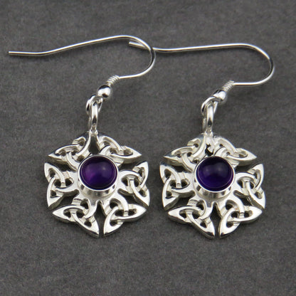Amethyst birthstone Celtic knotwork silver dangle earrings
