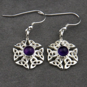 Amethyst birthstone Celtic knotwork silver dangle earrings