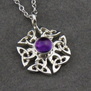 Amethyst birthstone Celtic knotwork silver pendant necklace