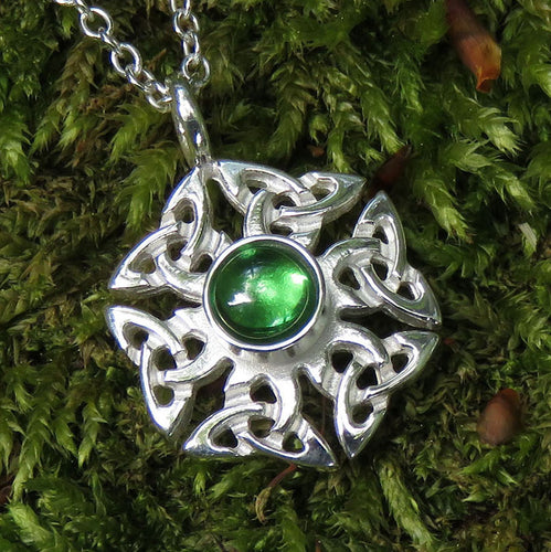 Artificial Emerald birthstone Celtic knotwork silver pendant necklace