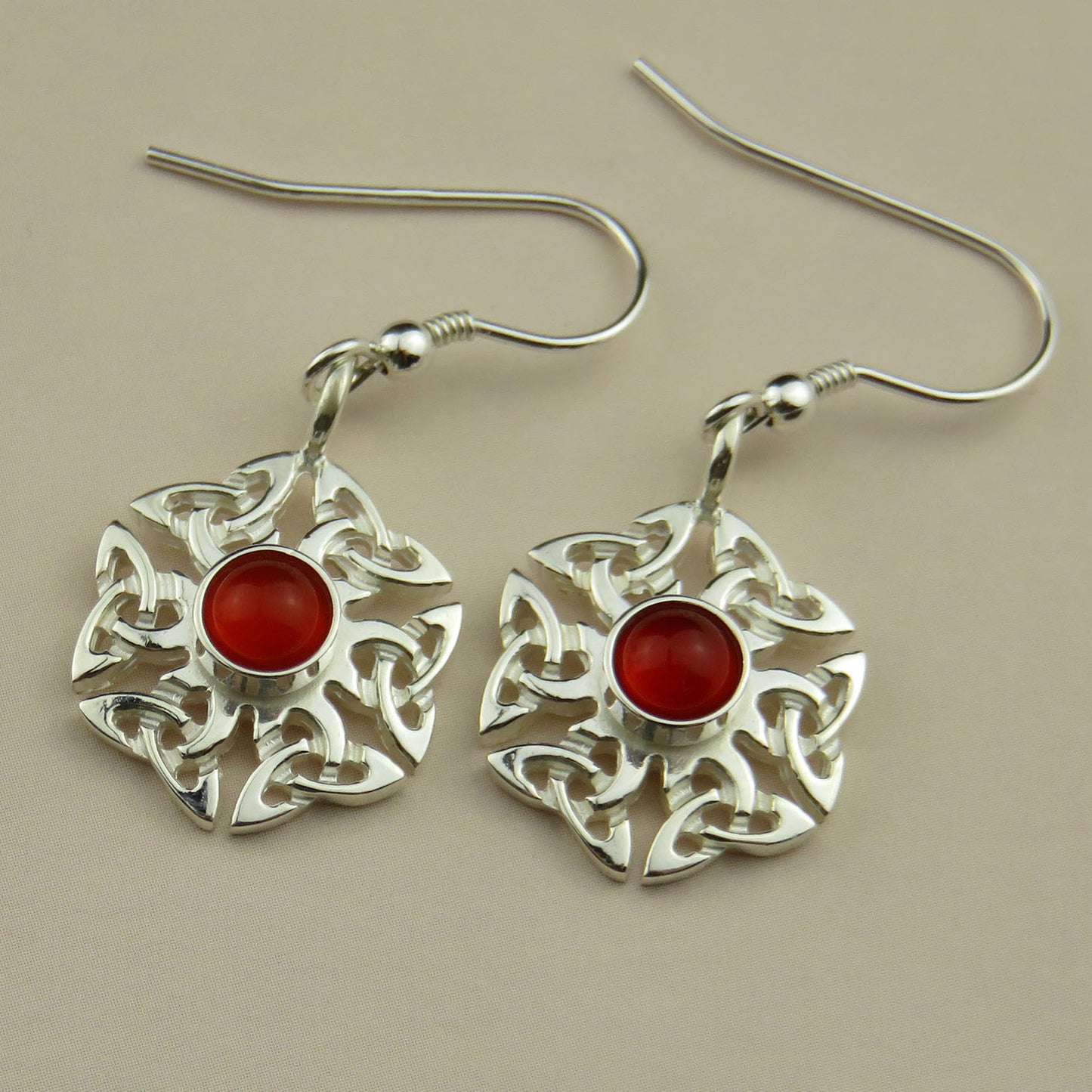 Carnelian birthstone Celtic knotwork silver dangle earrings