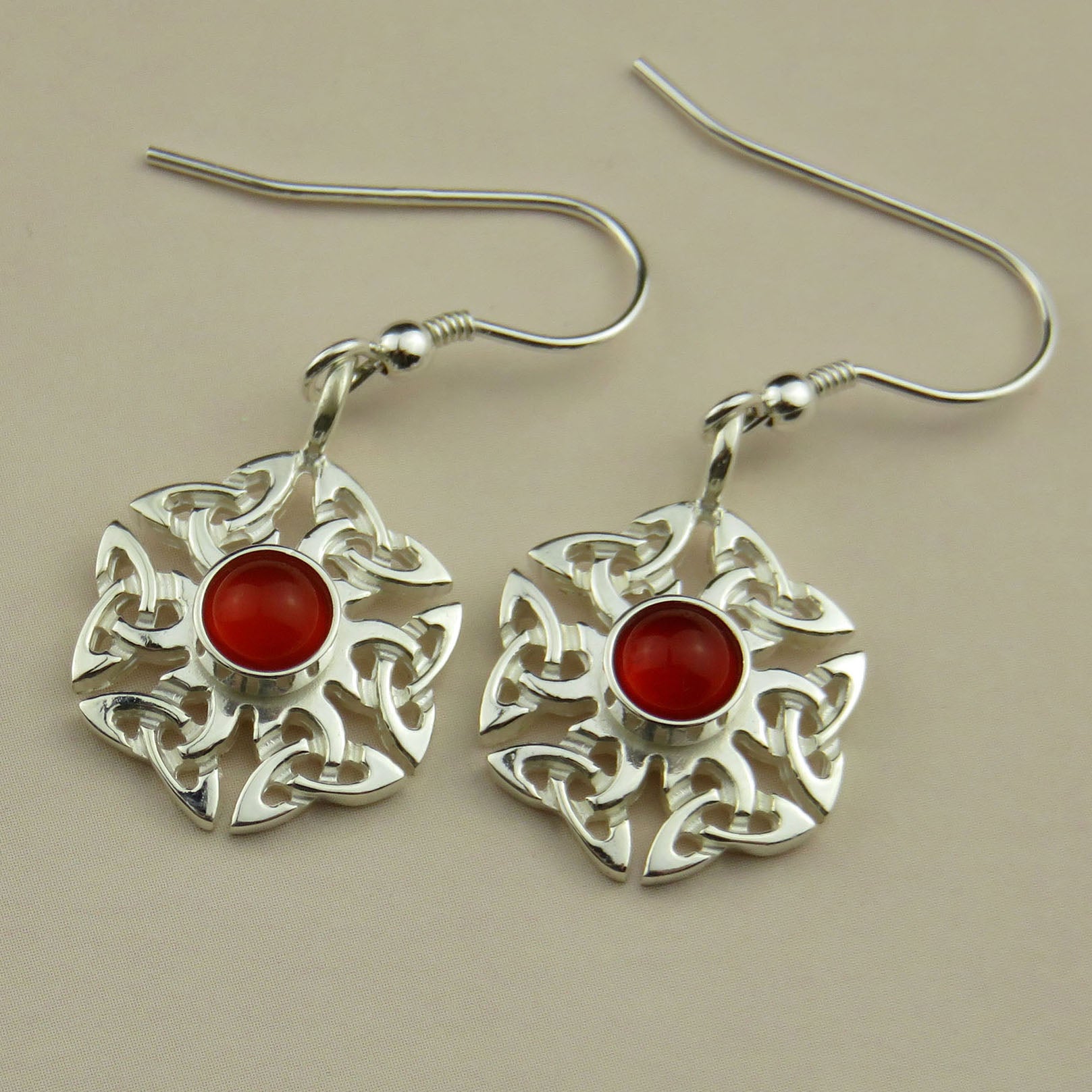 Carnelian birthstone Celtic knotwork silver dangle earrings