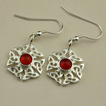 Carnelian birthstone Celtic knotwork silver dangle earrings