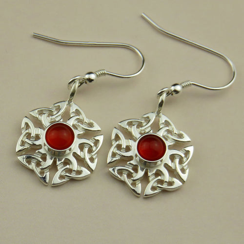 Carnelian birthstone Celtic knotwork silver dangle earrings