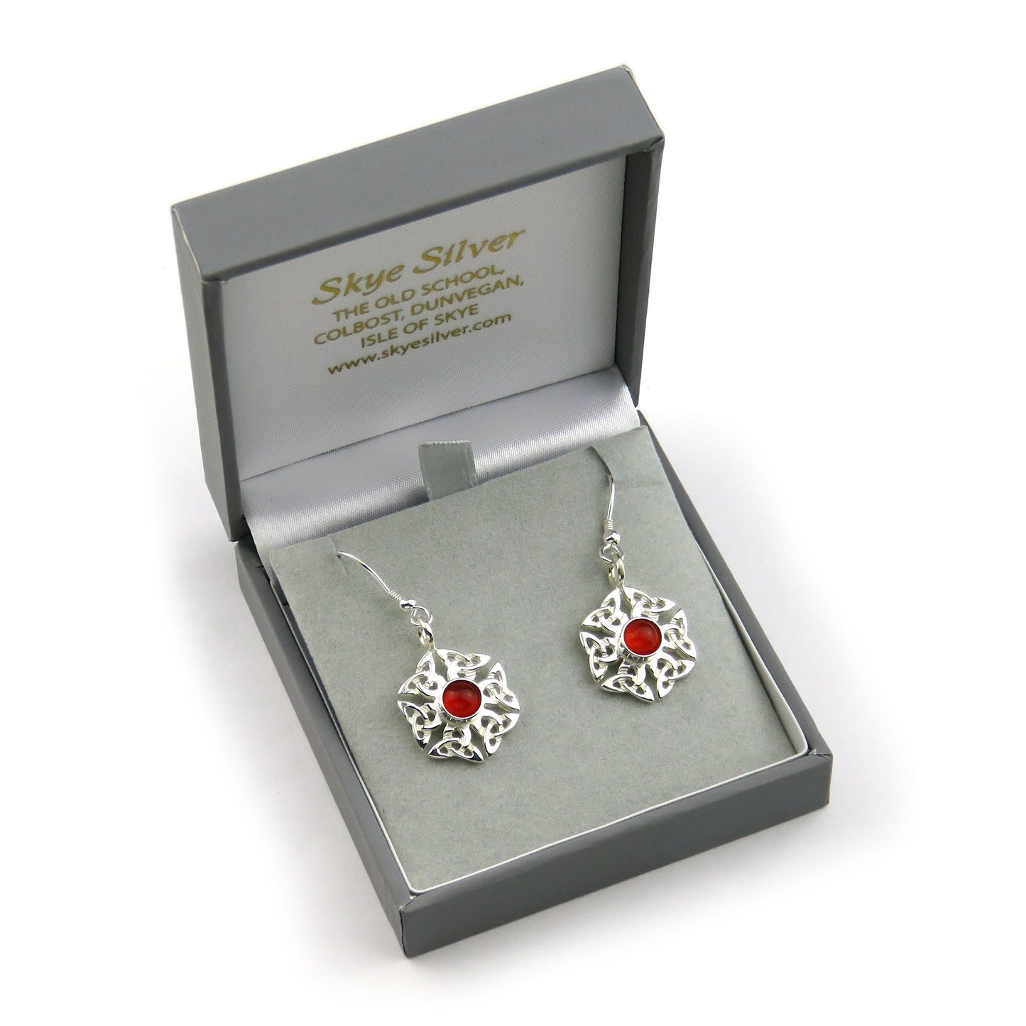 Carnelian birthstone Celtic knotwork silver dangle earrings